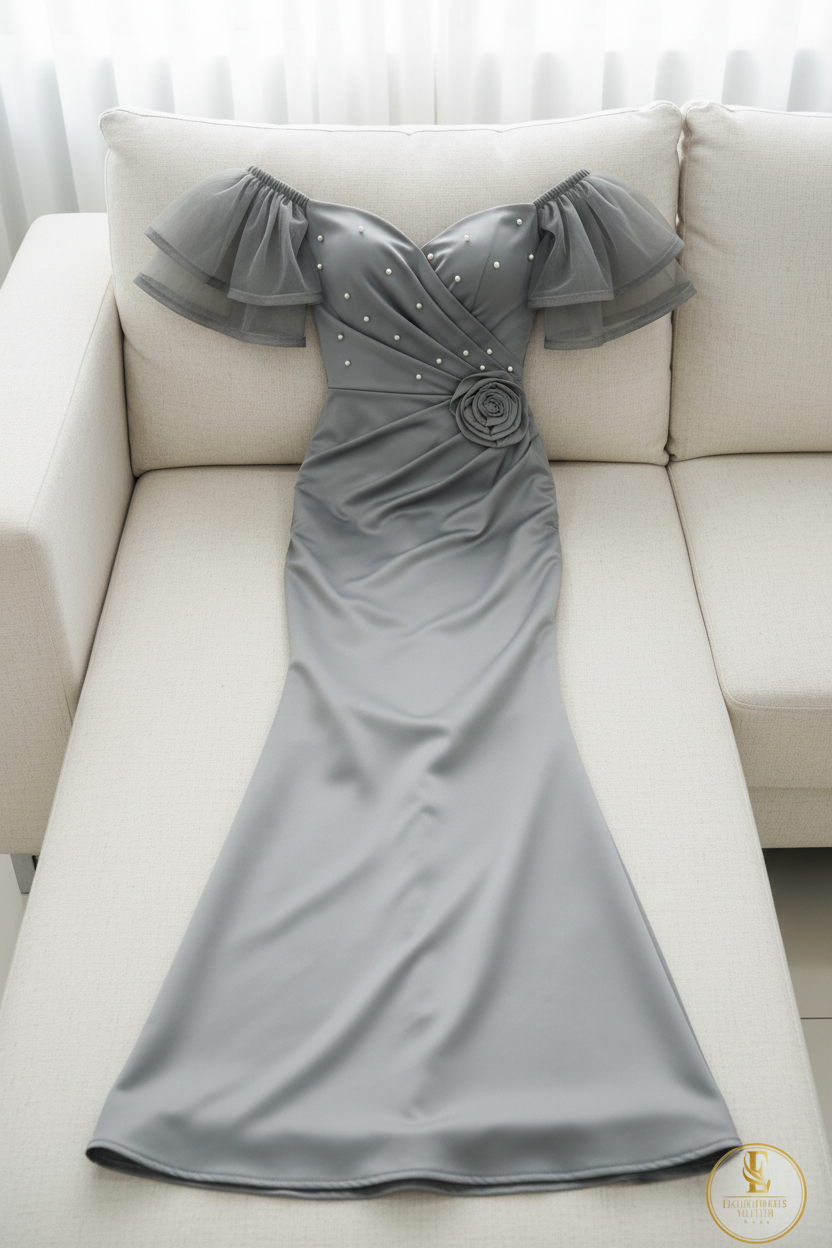Vestido Gris Plateado Off-Shoulder Mangas Tul Dobles Perlas Rosa 3D y Falda Sirena cod.777
