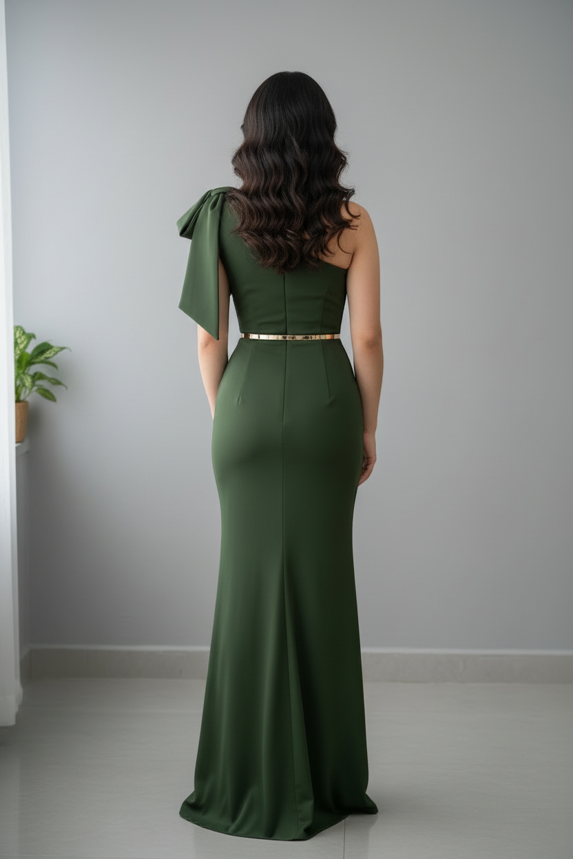 Vestido Verde Militar Un Hombro con Moño y Cinturón Dorado cod.728
