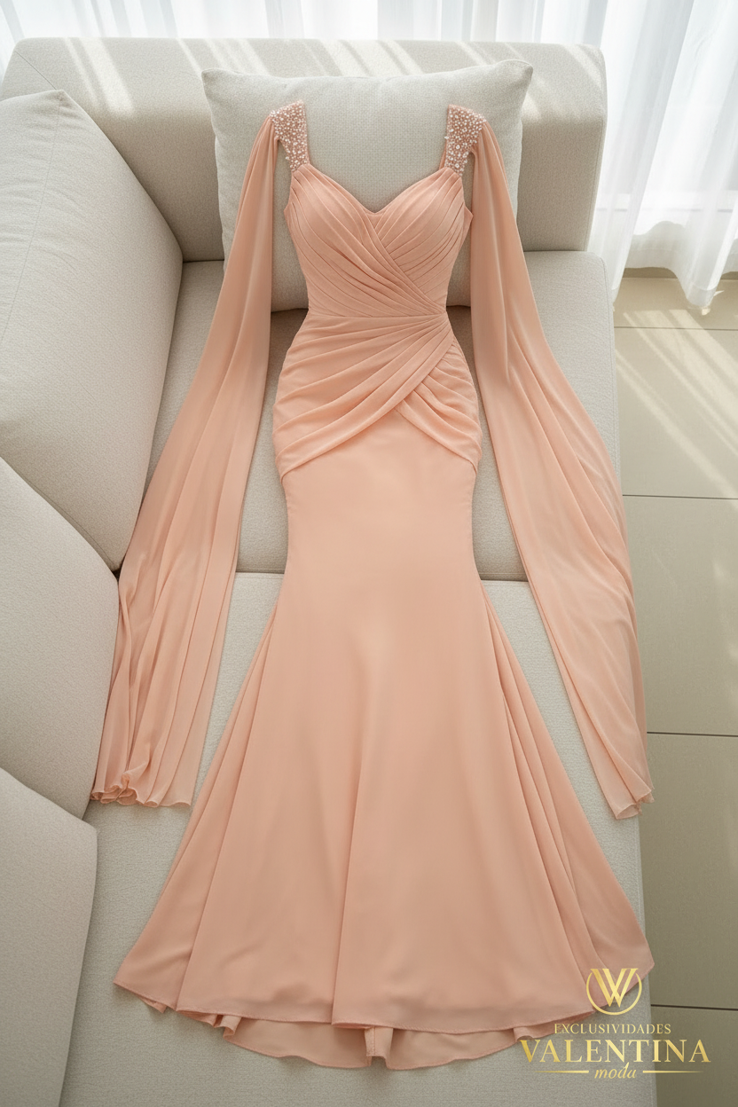 Vestido Salmón Sirena con Mangas Capa y Tirantes de Cristal cod.V509