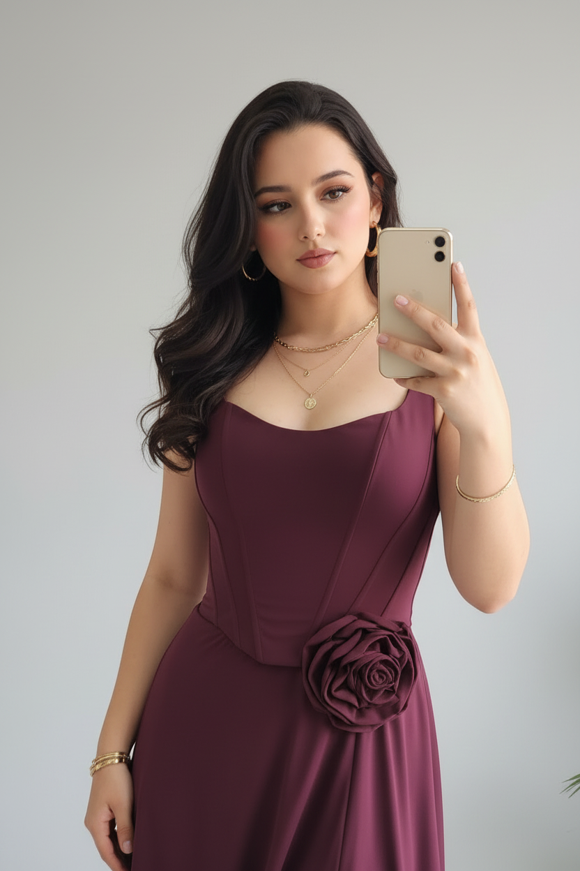 Vestido Formal Borgoña Tirantes con Rosa 3D y Abertura Frontal cod.536