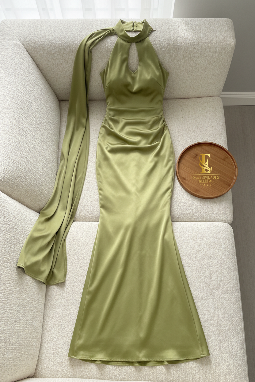 Vestido Verde Oliva Satinado — Halter Cut-Out con Capa Lateral cod.0050