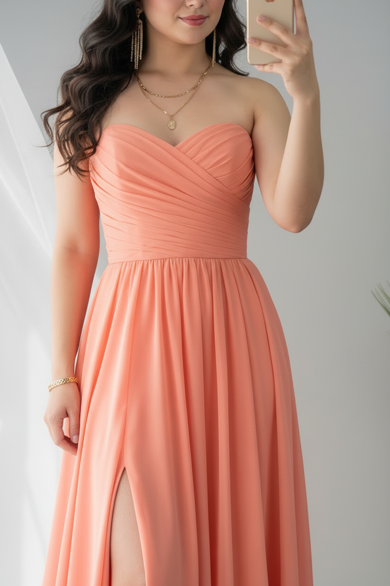 Vestido Coral Salmón Strapless con Abertura y Tiras de Ajuste cod.V645