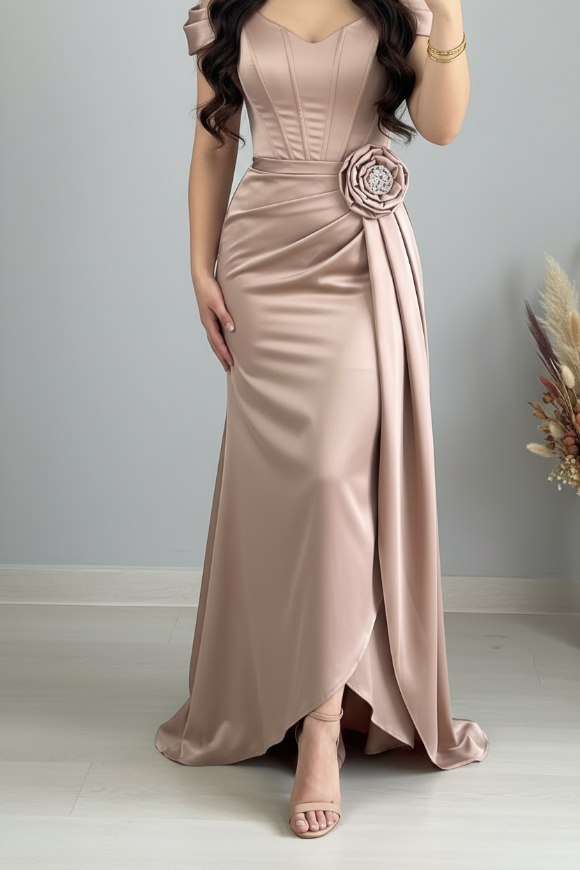 Vestido Corset Champagne Satinado Rosa 3D
