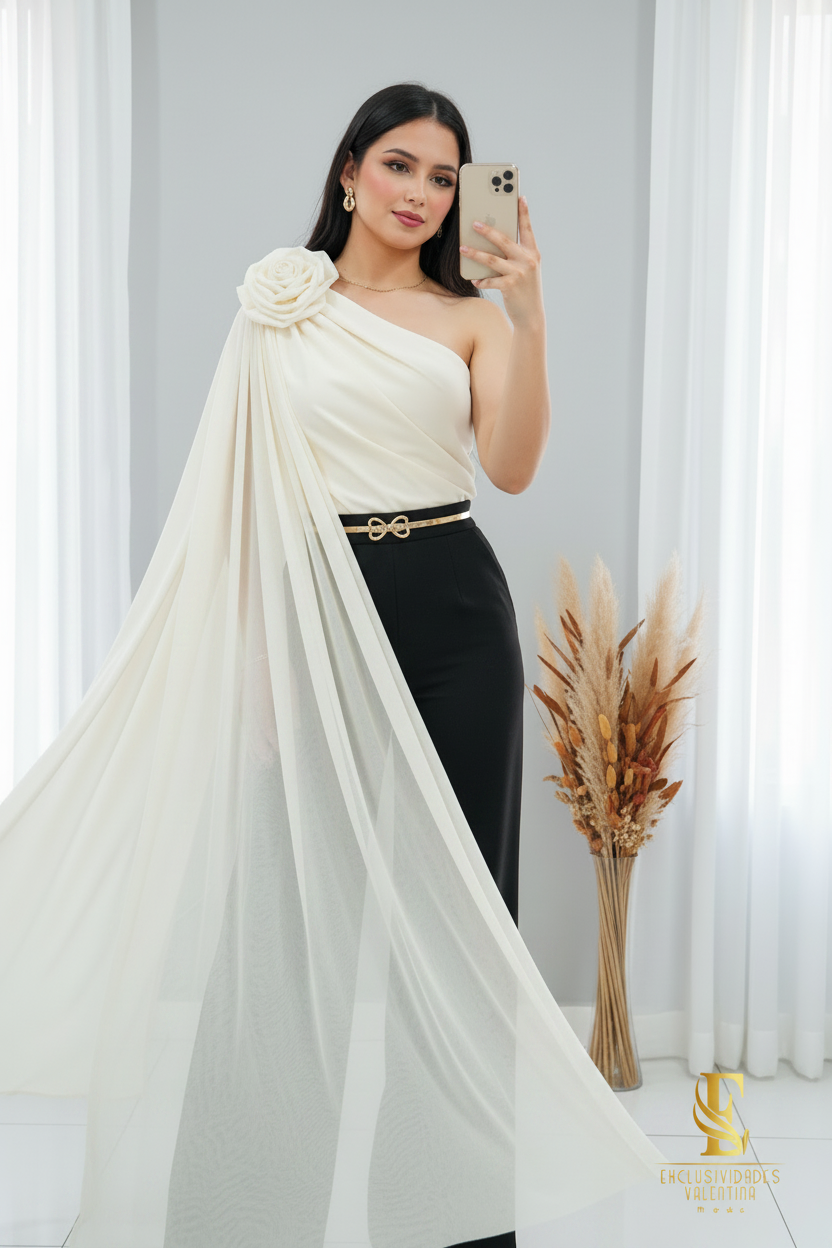 Conjunto Ivory y Negro Top Un Hombro Rosa 3D Capa Tul + Palazzo cod.C300