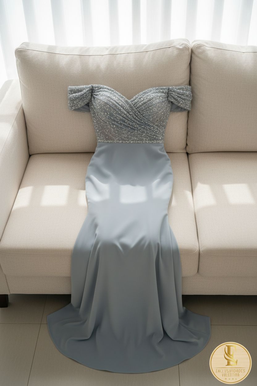 Vestido Azul Gris Off-Shoulder con Pedrería cod.710