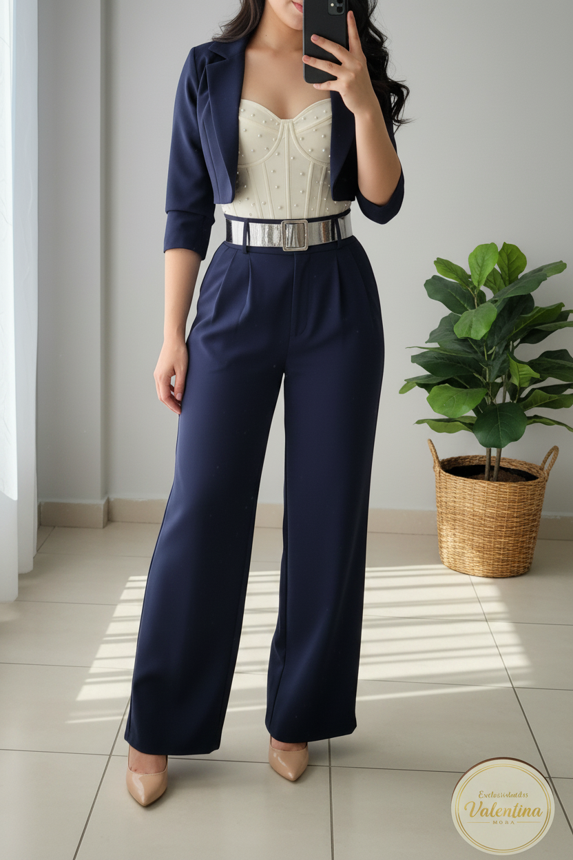 Conjunto 3 Piezas Azul Marino Blazer Bustier Palazzo cod.00127