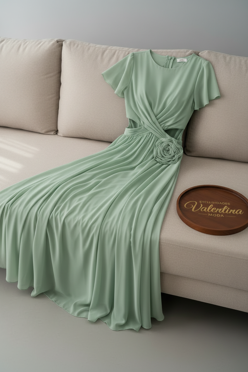 Vestido Verde Salvia Maxi Gasa con Rosa D cod.952