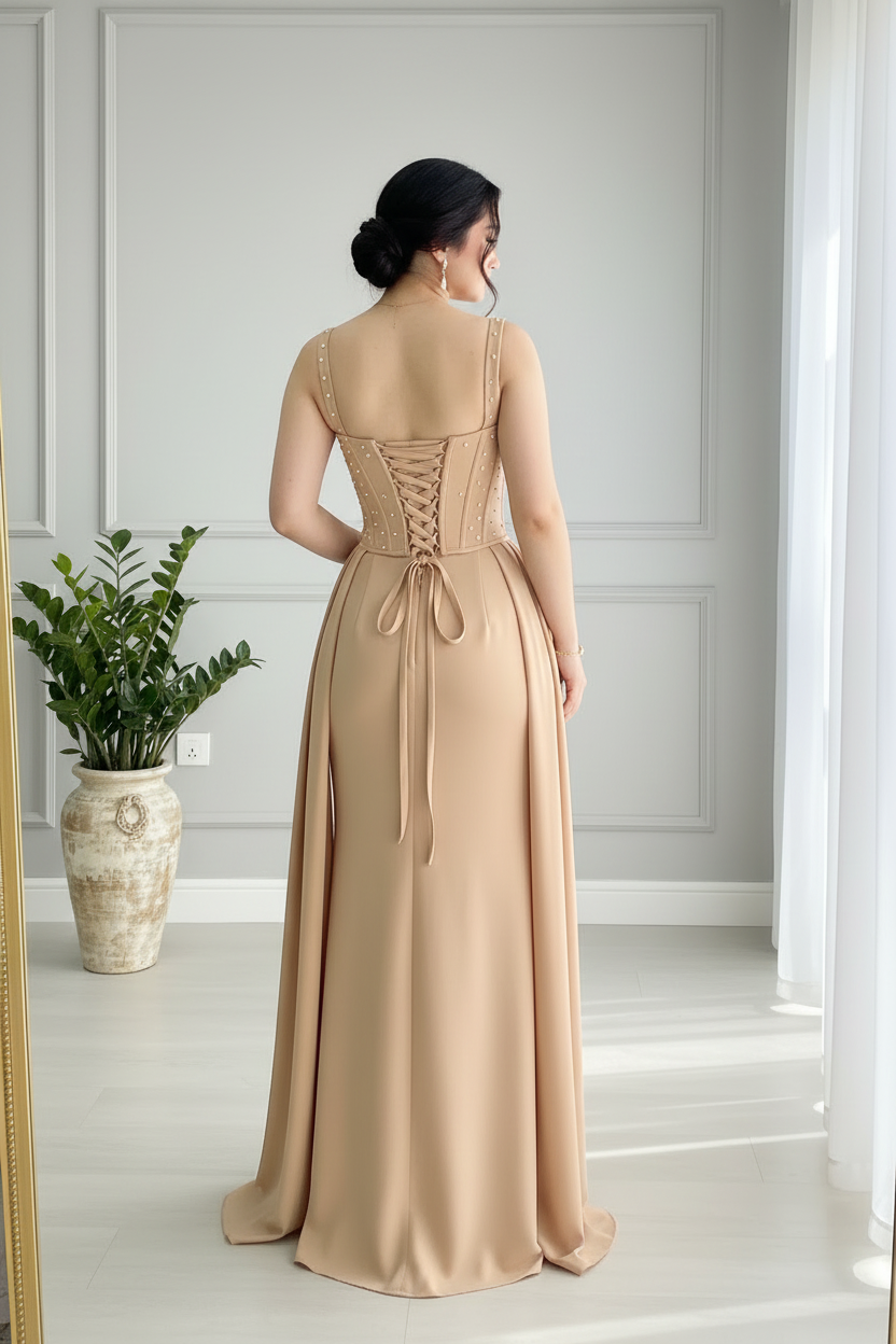 Vestido Nude Champagne Corset Illusion con Perlas, Rosa 3D y Falda Plisada a los lados cod.815