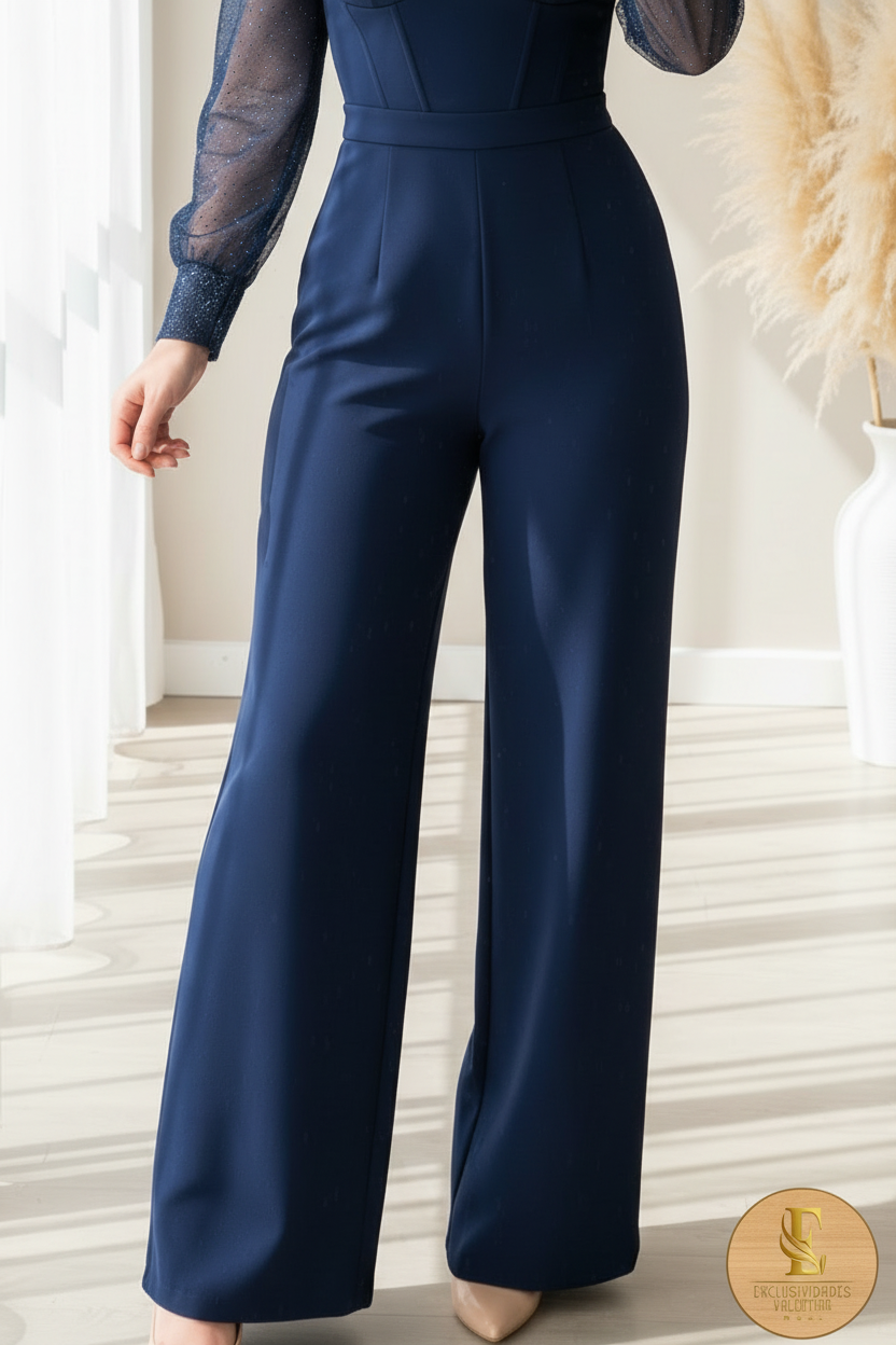 Enterizo Azul Marino Palazzo Manga Tul Pedrería Escote Corazón cod. 00107