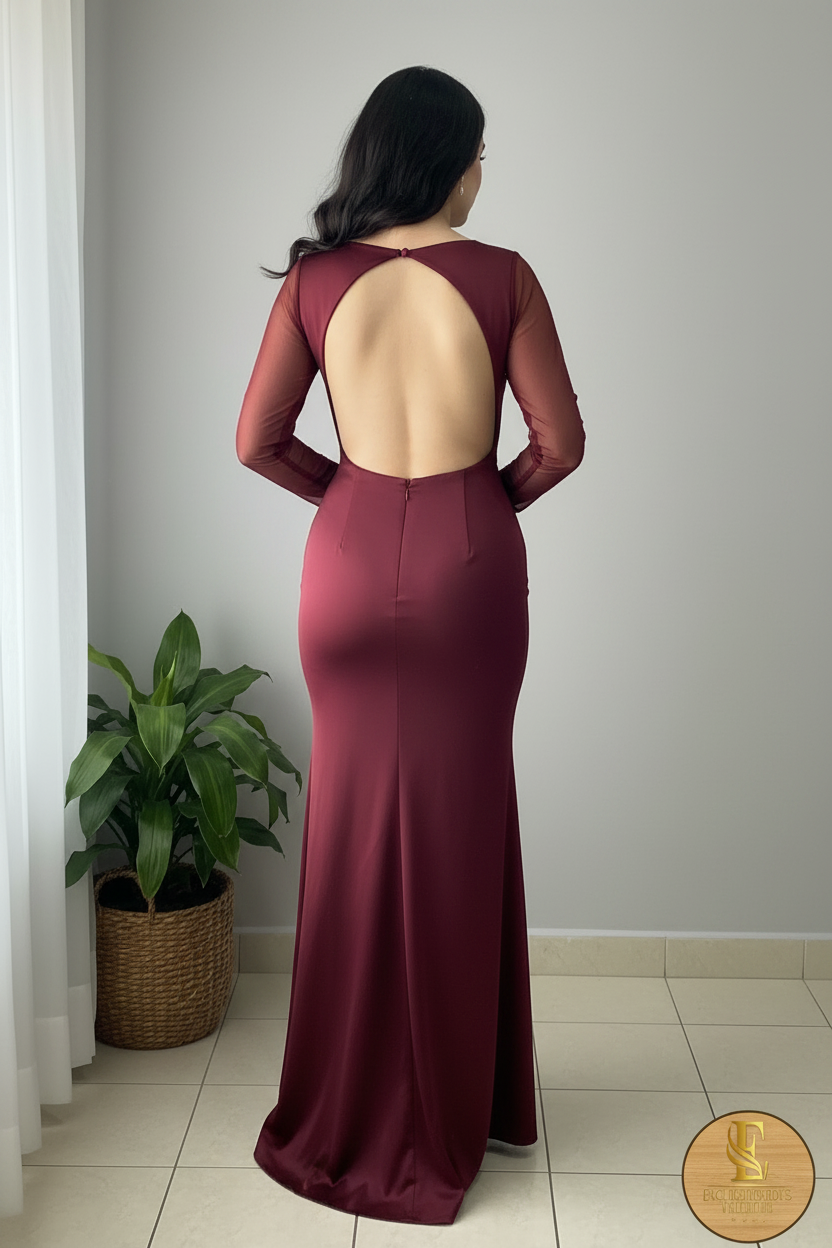 Vestido Vino Burdeos Manga Encaje Sirena Espalda Descubierta cod.00104