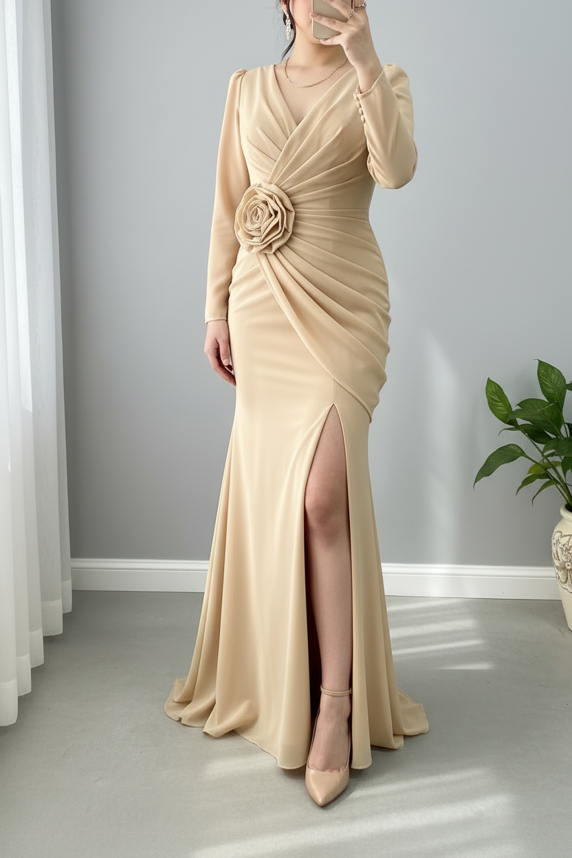Vestido Dorado Champagne Manga Larga Sirena con Rosa D cod.968
