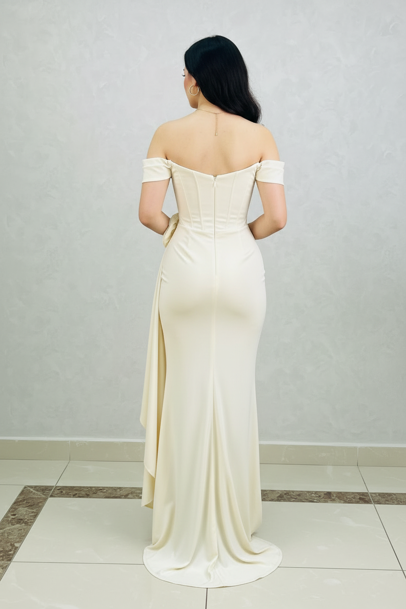 Vestido Formal Crema Off-Shoulder con Rosa 3D y Drapeado cod.512