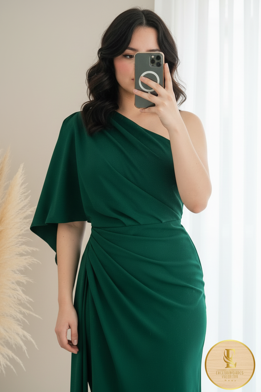 Vestido Verde Esmeralda Asimétrico Un Hombro cod.0087