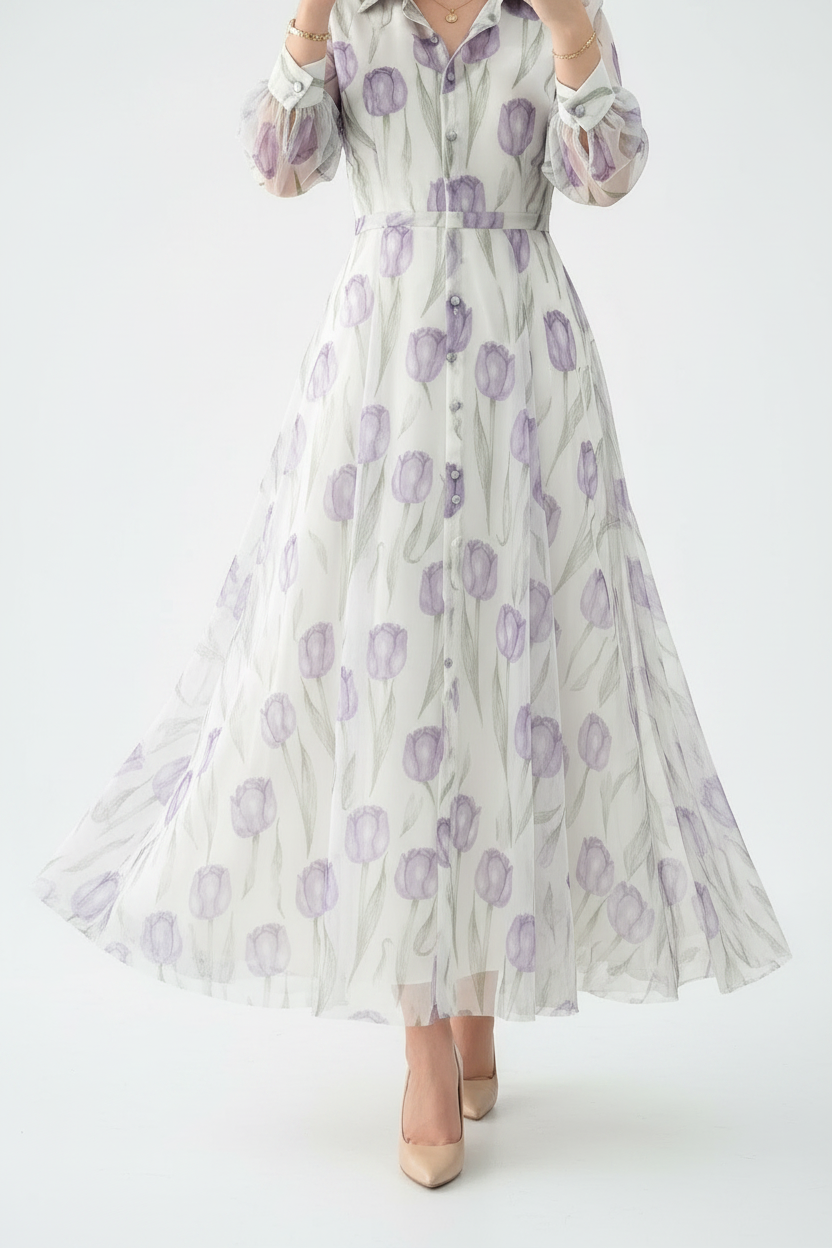 Vestido Tulipanes Lilas — Chiffon Botones & Manga Larga cod.859