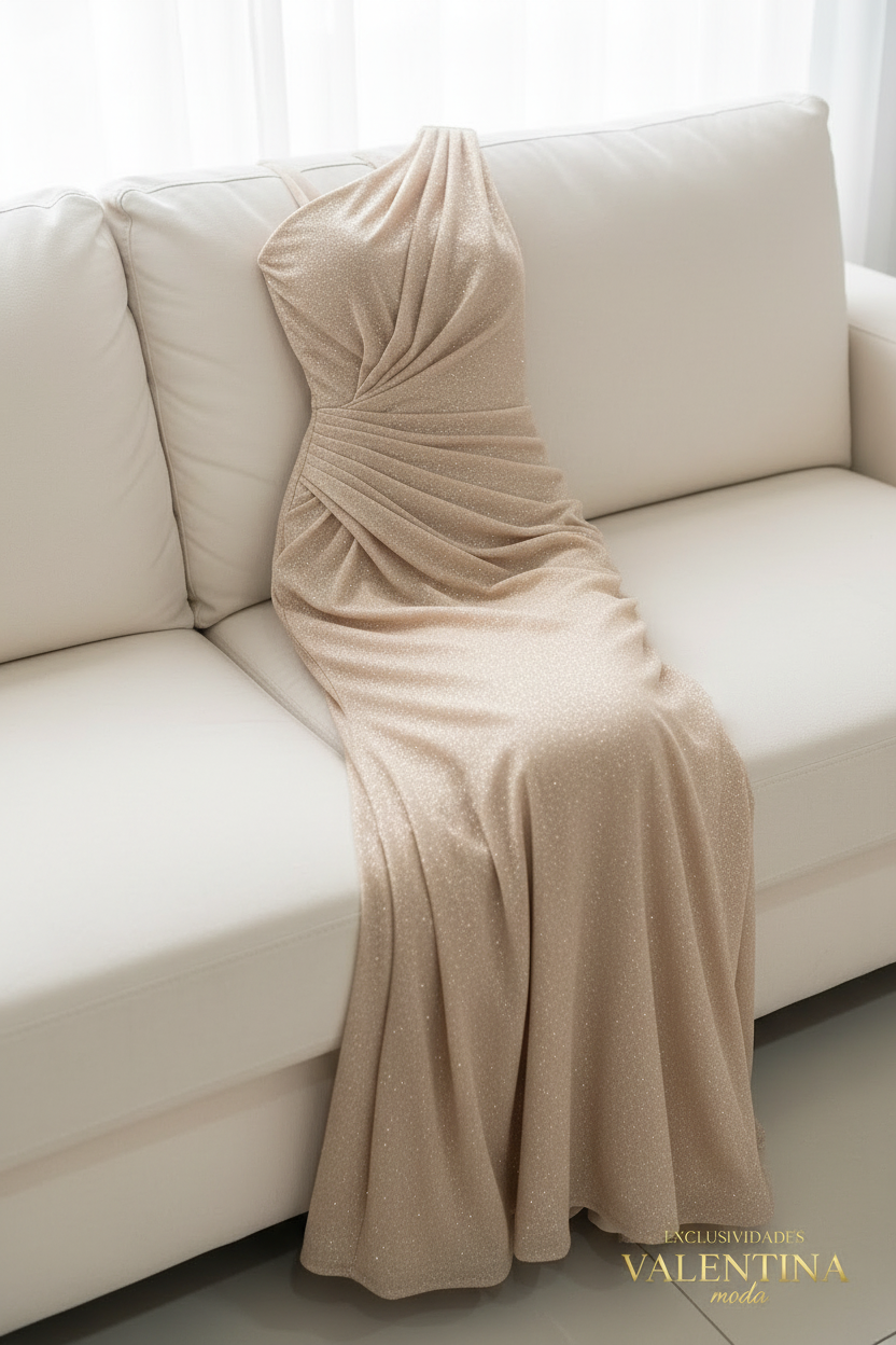Vestido Sirena Champagne Dorado Un Hombro con Drapeado Diagonal cod.V249