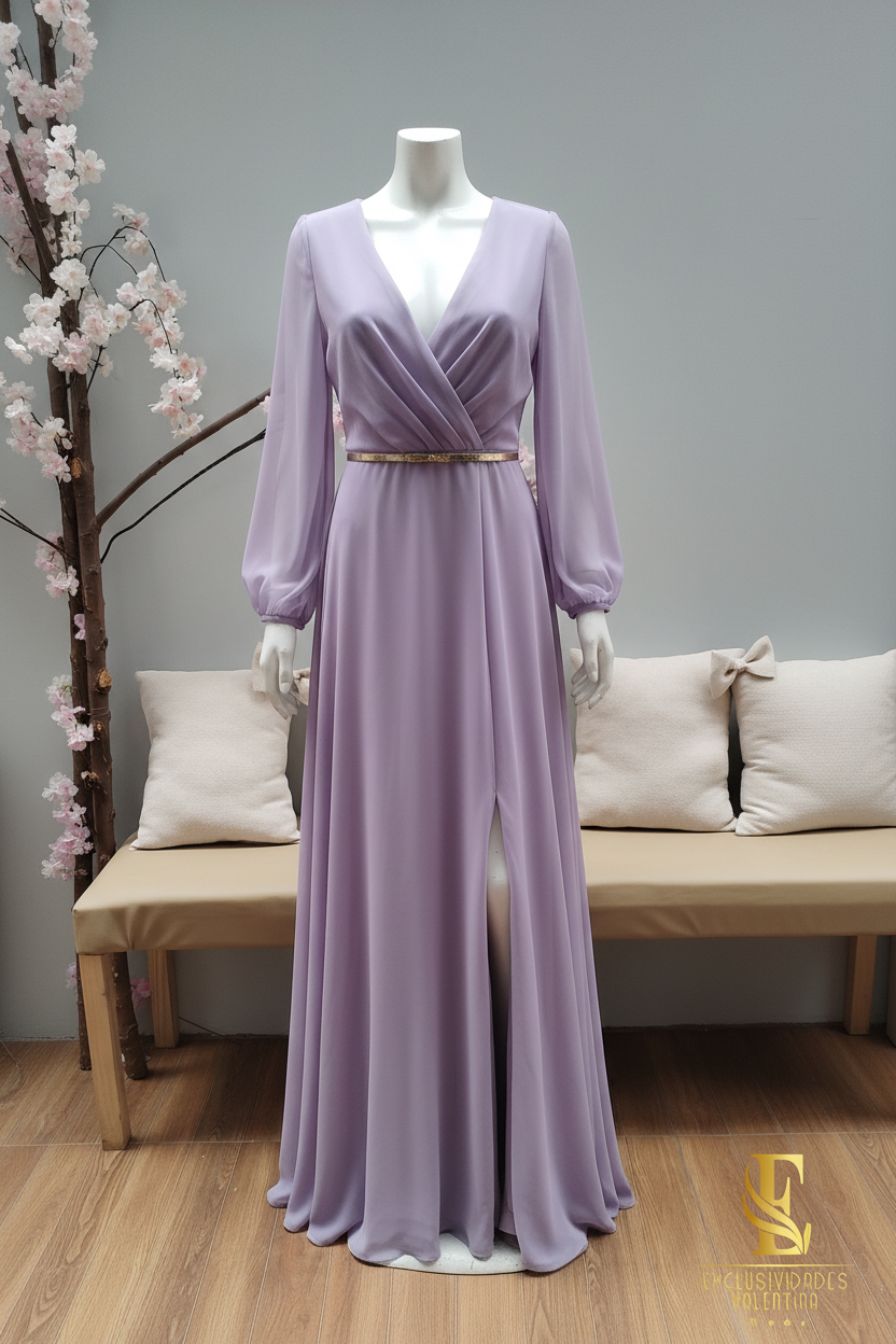 Vestido Lila Lavanda Largo Manga Globo Escote V con Cinturón Lazo Dorado cod.V299