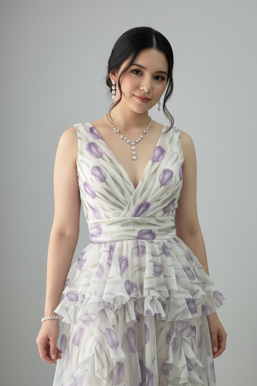 Vestido Tulipanes Lilas — Escote V, Volantes & Abertura cod.869