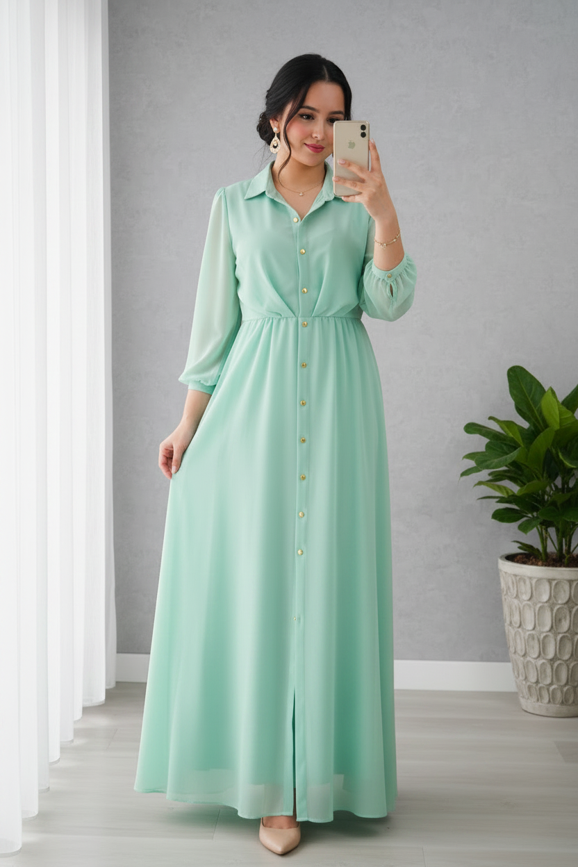 Vestido Verde Agua Menta Gasa Manga 3/4 Cuello Camisero Botones Dorados A-Line cod.830