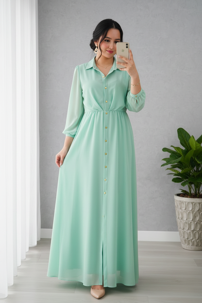 Vestido Verde Agua Menta Gasa Manga 3/4 Cuello Camisero Botones Dorados A-Line cod.830