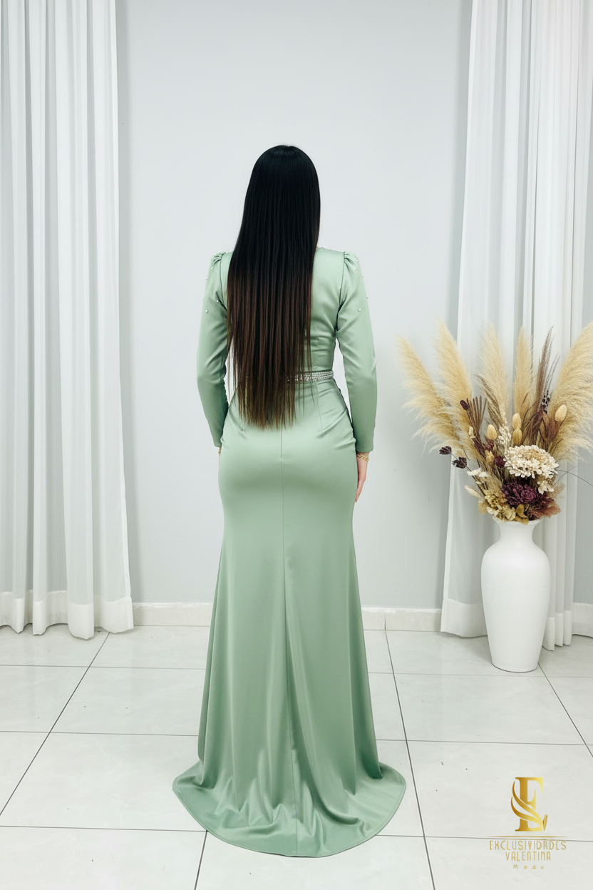 Vestido Verde Sage Manga Larga con Escote V y Cinturón de Pedrería cod.V281