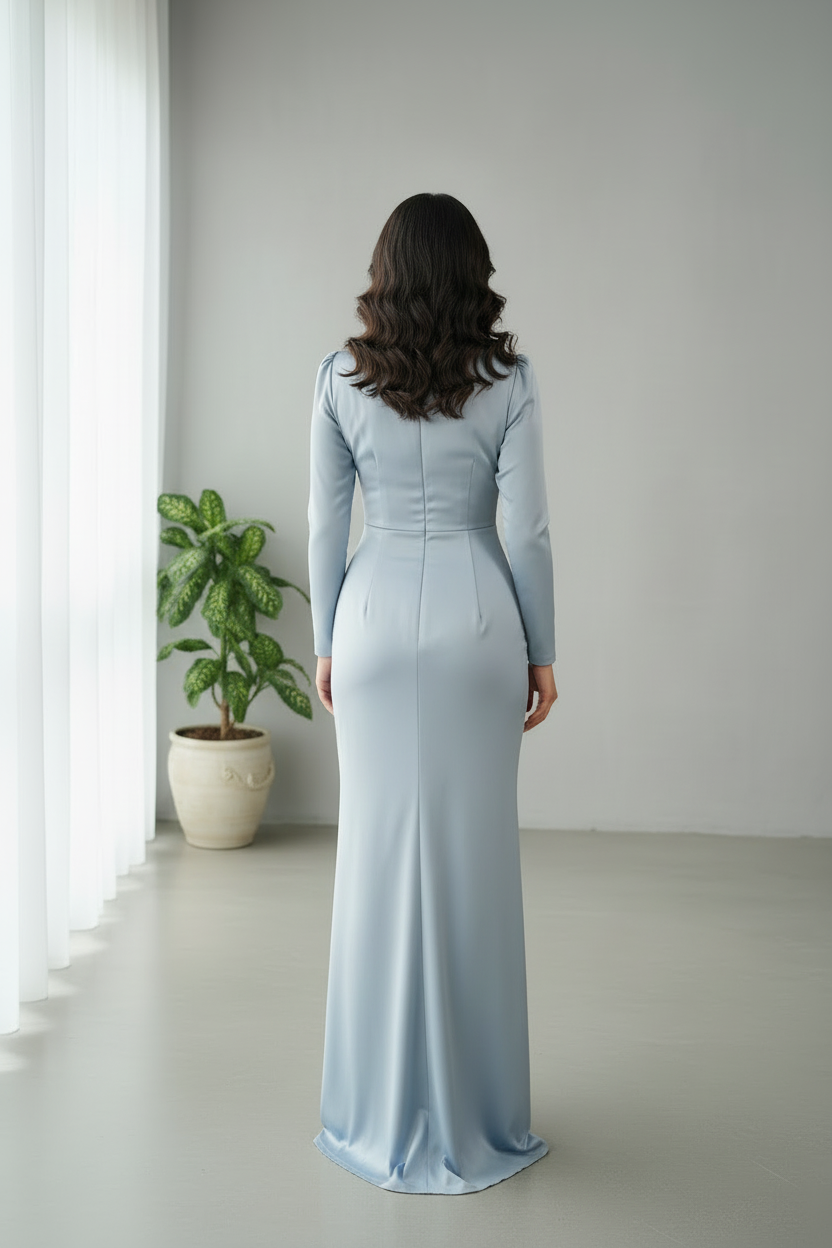 Vestido Azul Acero Mangas Largas con Moño Lateral y Abertura cod.720