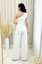 Enterizo Blanco One-Shoulder Manga Corta Asimétrica Broche Girasol Dorado Palazzo cod.00118