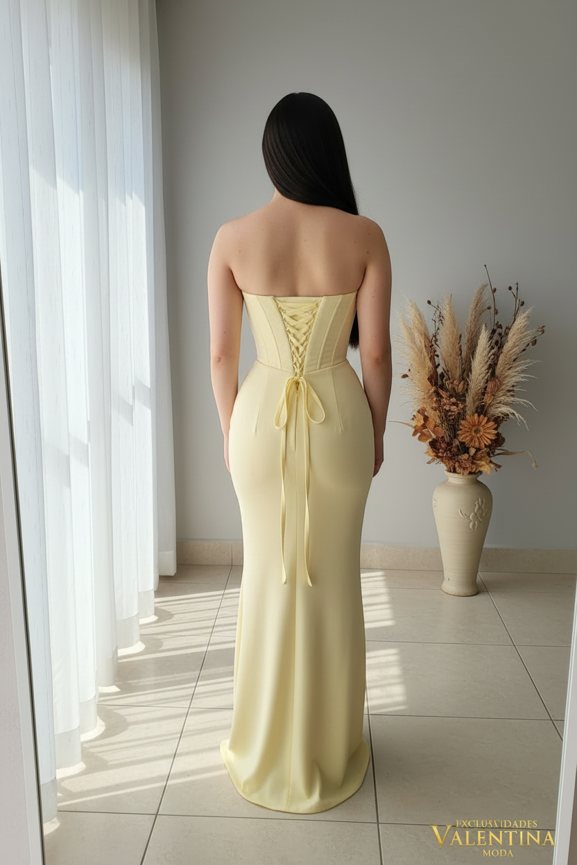 Vestido Sirena Amarillo Mantequilla | Strapless con Drapeado Anudado cod.V448