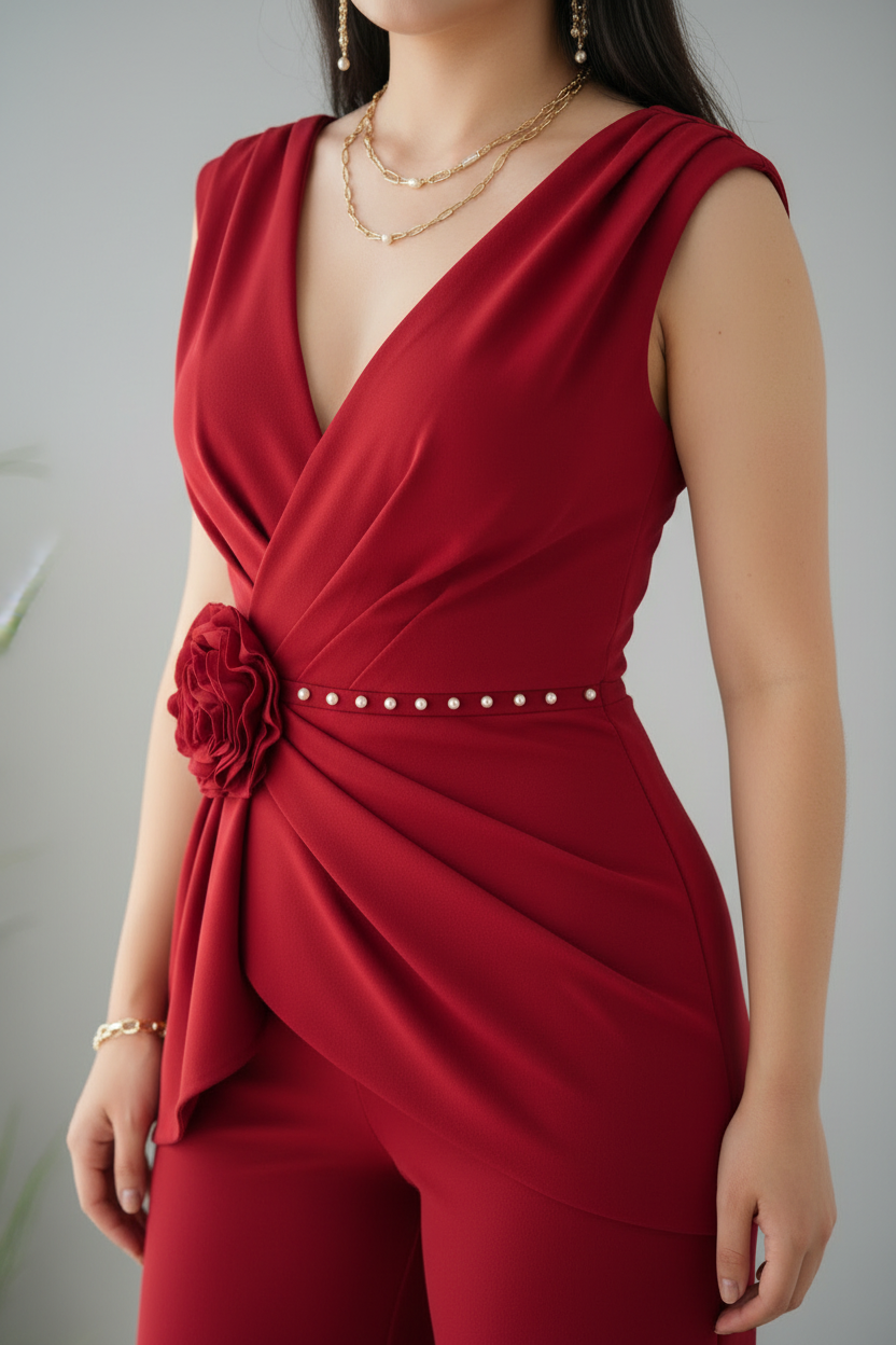 Enterizo Rojo — Escote V con Lazo y Rosa D cod.E623