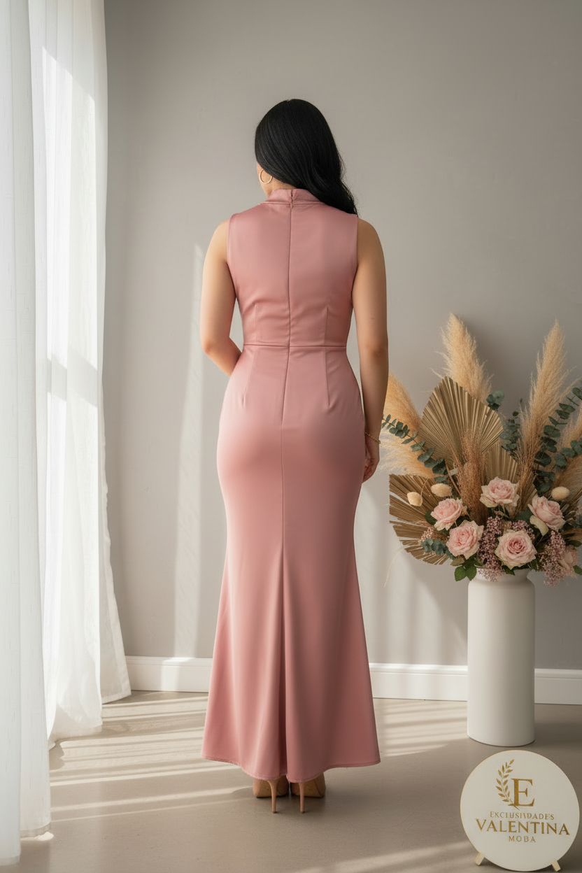 Vestido Rosa Palo Sirena Cuello Alto cod.00157