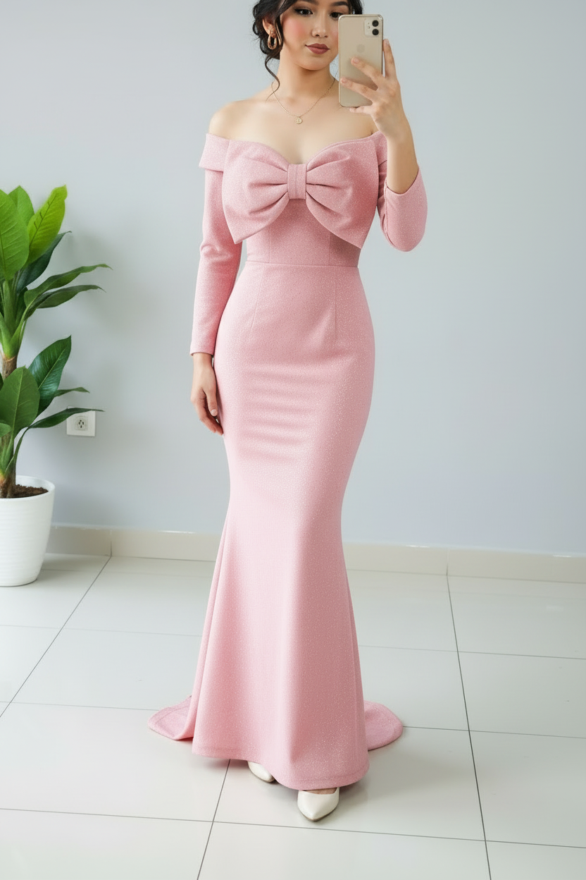 Vestido Formal Rosa Off-Shoulder Manga Larga con Lazo y Cola Sirena cod.510