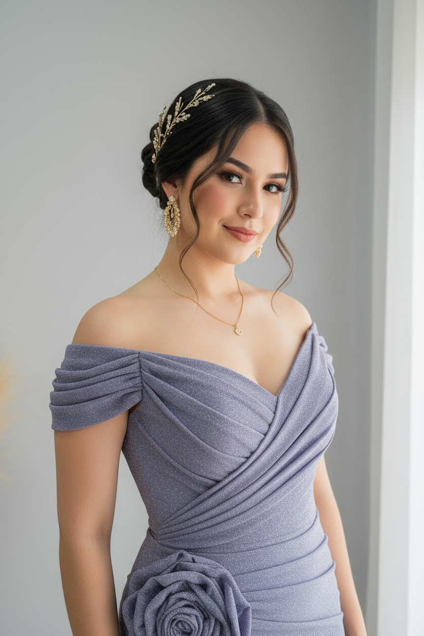 Vestido Lila Off-Shoulder Sirena con Rosa 3D y Brillos cod.V376