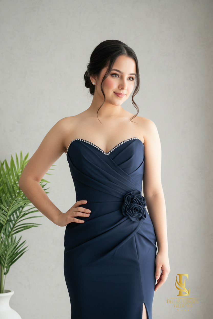 Vestido Navy Strapless Perle Rose Sirena cod.V230