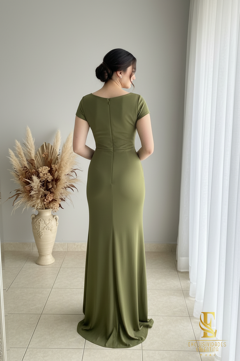 Vestido Sirena Verde Olivo | Drapeado Cruzado y Abertura cod.V439