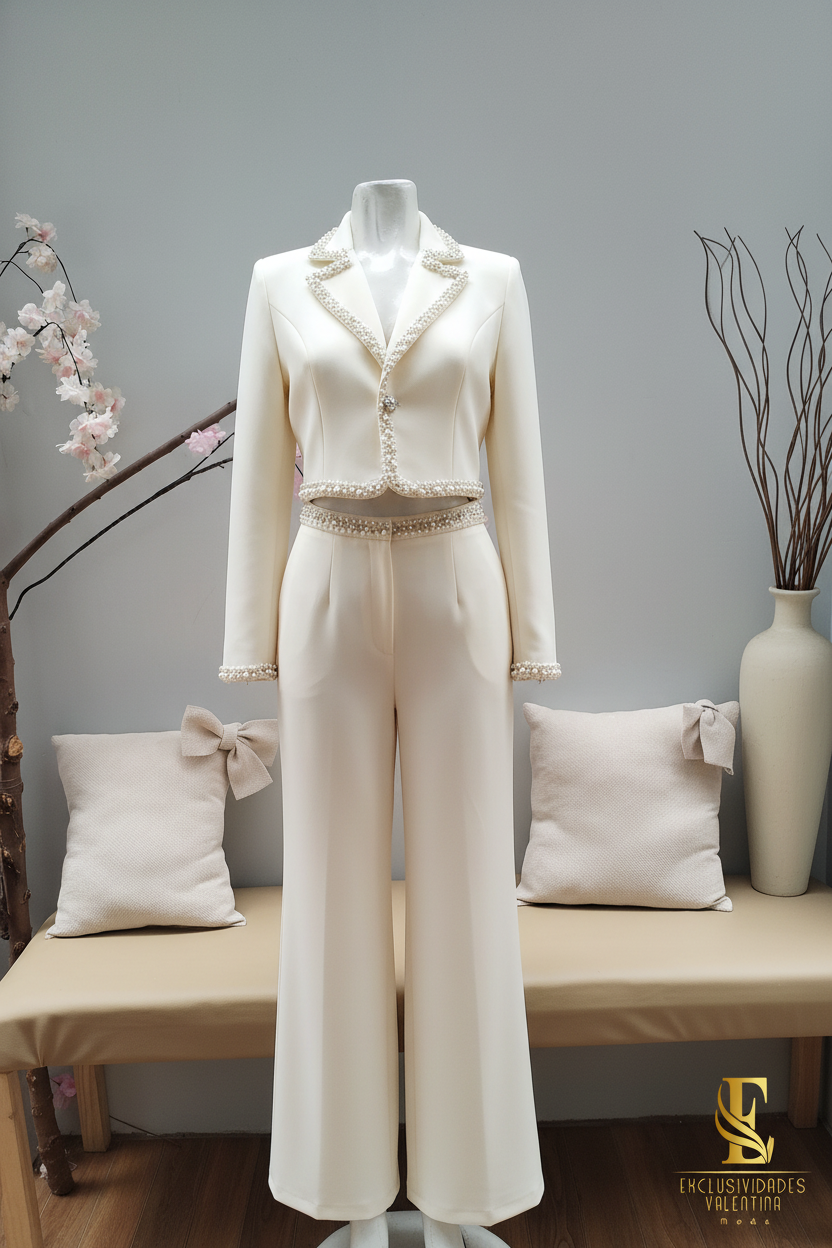 Conjunto Ivory Blazer Corto con Perlas y Palazzo Tiro Alto cod.C292