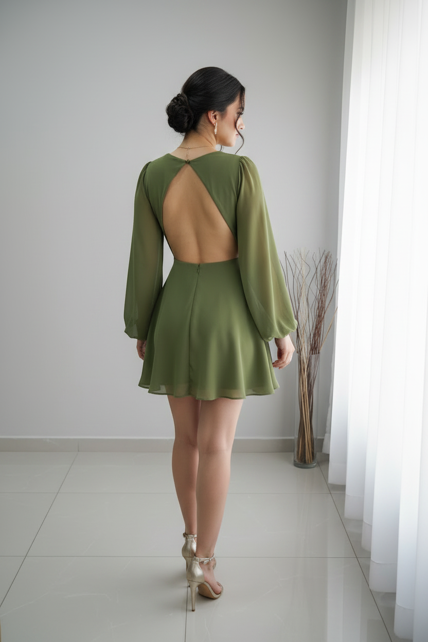 Vestido Verde Oliva Escote V Mangas Globo cod.V314