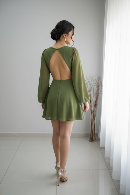 Vestido Verde Oliva Escote V Mangas Globo cod.V314