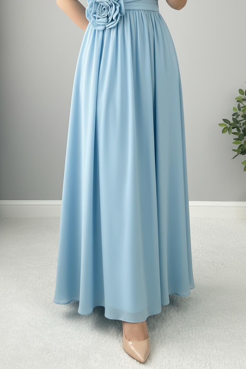 Vestido Azul Cielo — Rosa 3D & Hombros Descubiertos cod.855