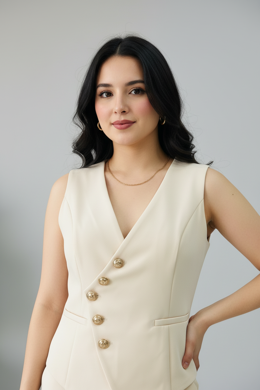 Conjunto Elegante Beige Chaleco con Botones Dorados y Pantalón Slim cod.518