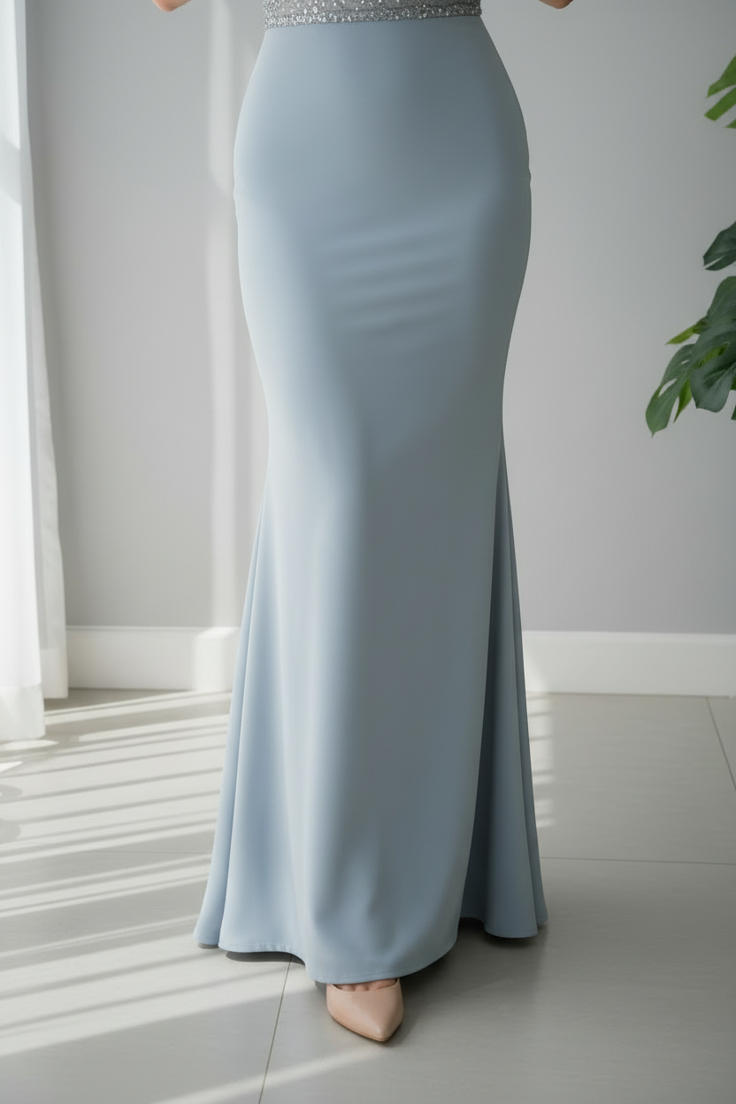 Vestido Azul Gris Off-Shoulder con Pedrería cod.710