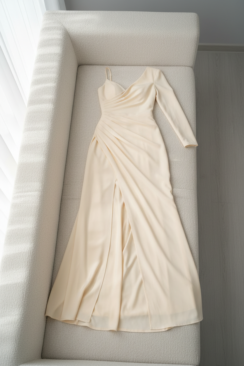Vestido Champagne Asimétrico Manga Larga con Abertura Frontal cod.V380