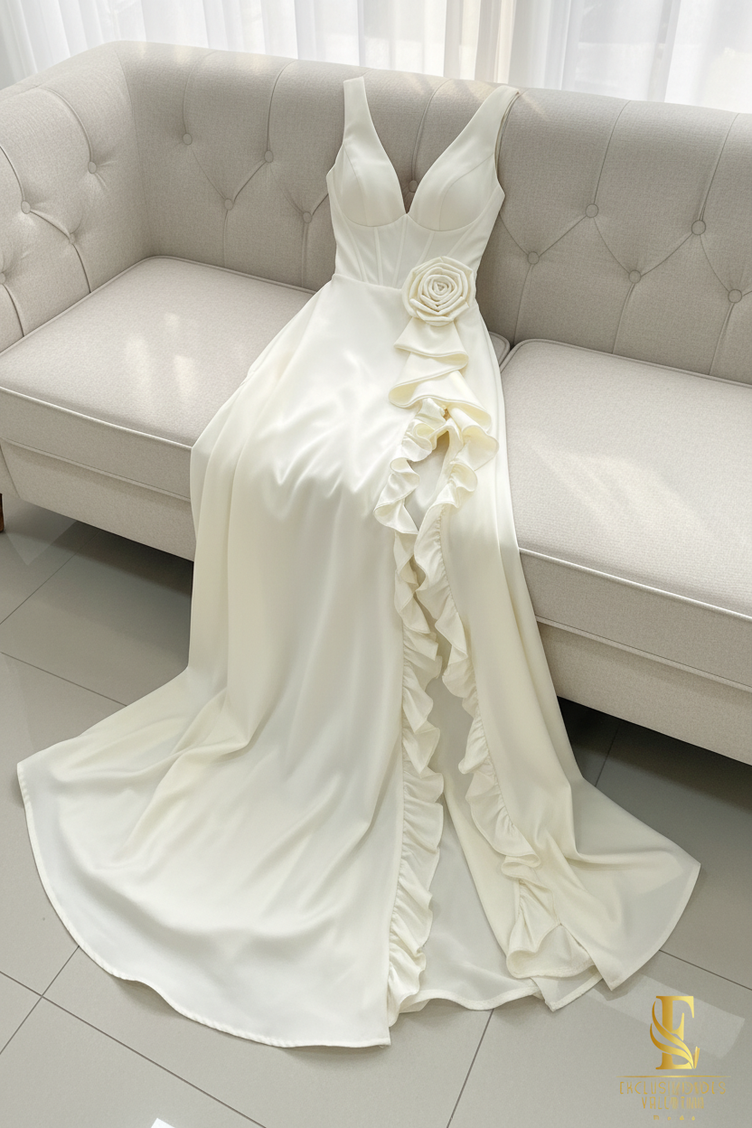 Vestido Crema Escote V Volantes Rosa Abertura cod.V333