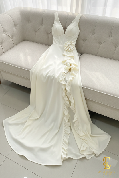 Vestido Crema Escote V Volantes Rosa Abertura cod.V333