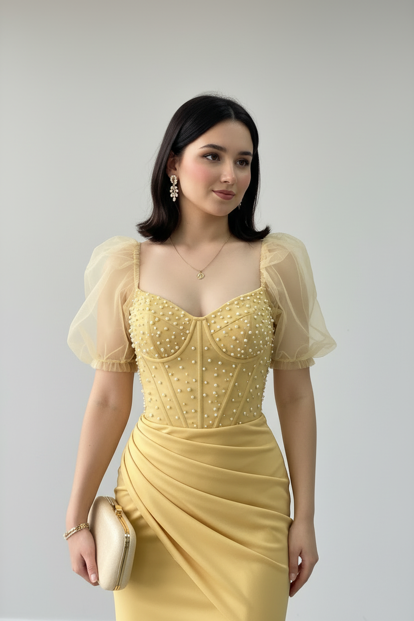 Vestido Formal Amarillo Dorado Corset de Perlas con Mangas de Tul y Abertura cod.522