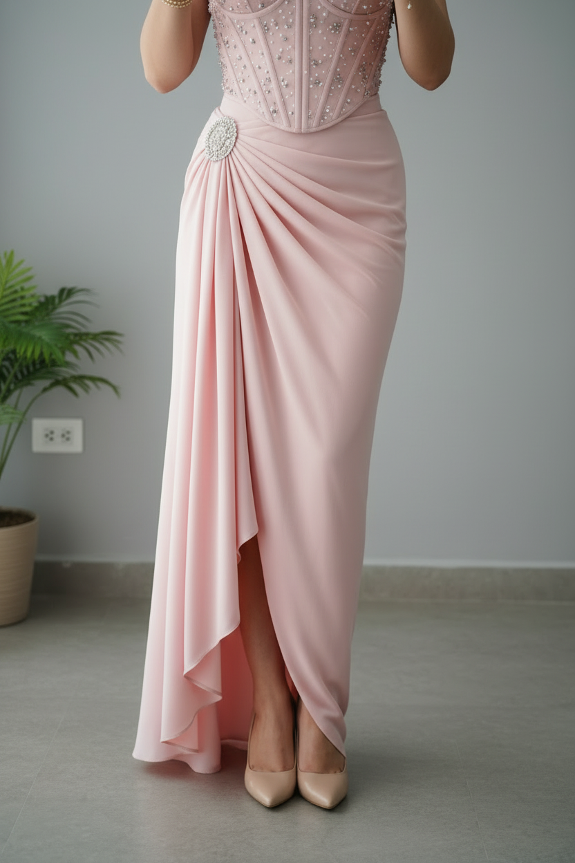 Vestido Rosa Palo Corset con Perlas cod.711