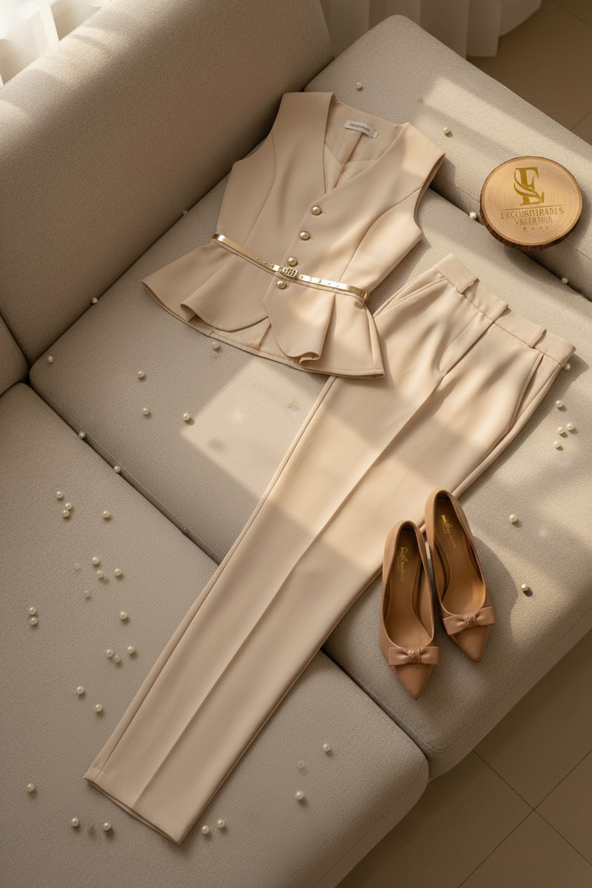 Conjunto Elegante Beige Chaleco Peplum con Botones Dorados y Pantalón Slim cod.504