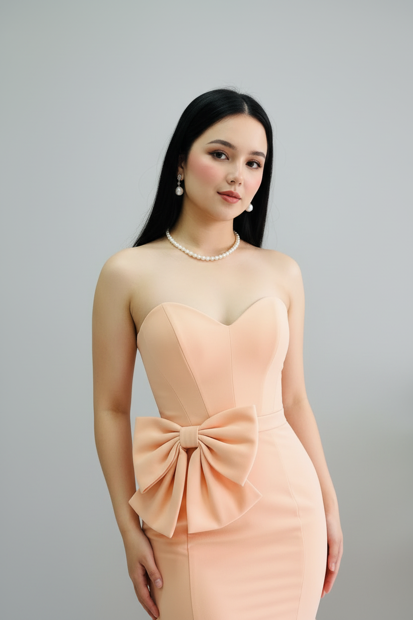 Vestido Peach Strapless Bow Sirena con Tul cod.608