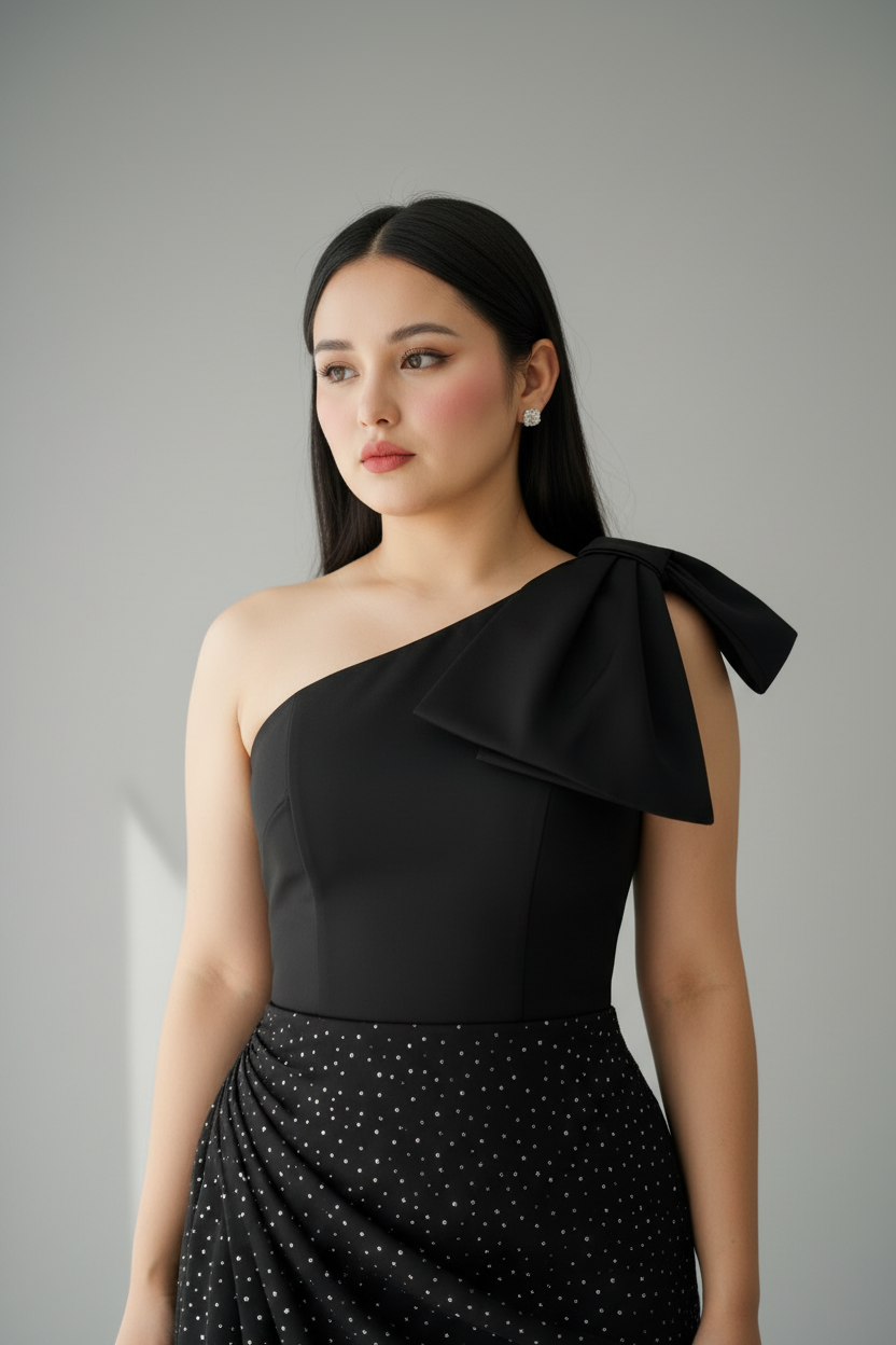 Vestido Negro Un Hombro con Moño y Falda Glitter con Abertura cod.735