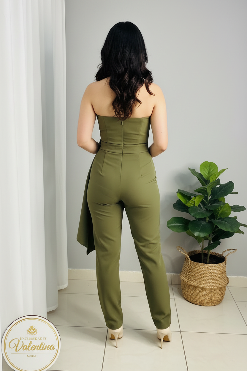 Jumpsuit Verde Oliva Strapless Escote Corazón con Rosa 3d cod.00140