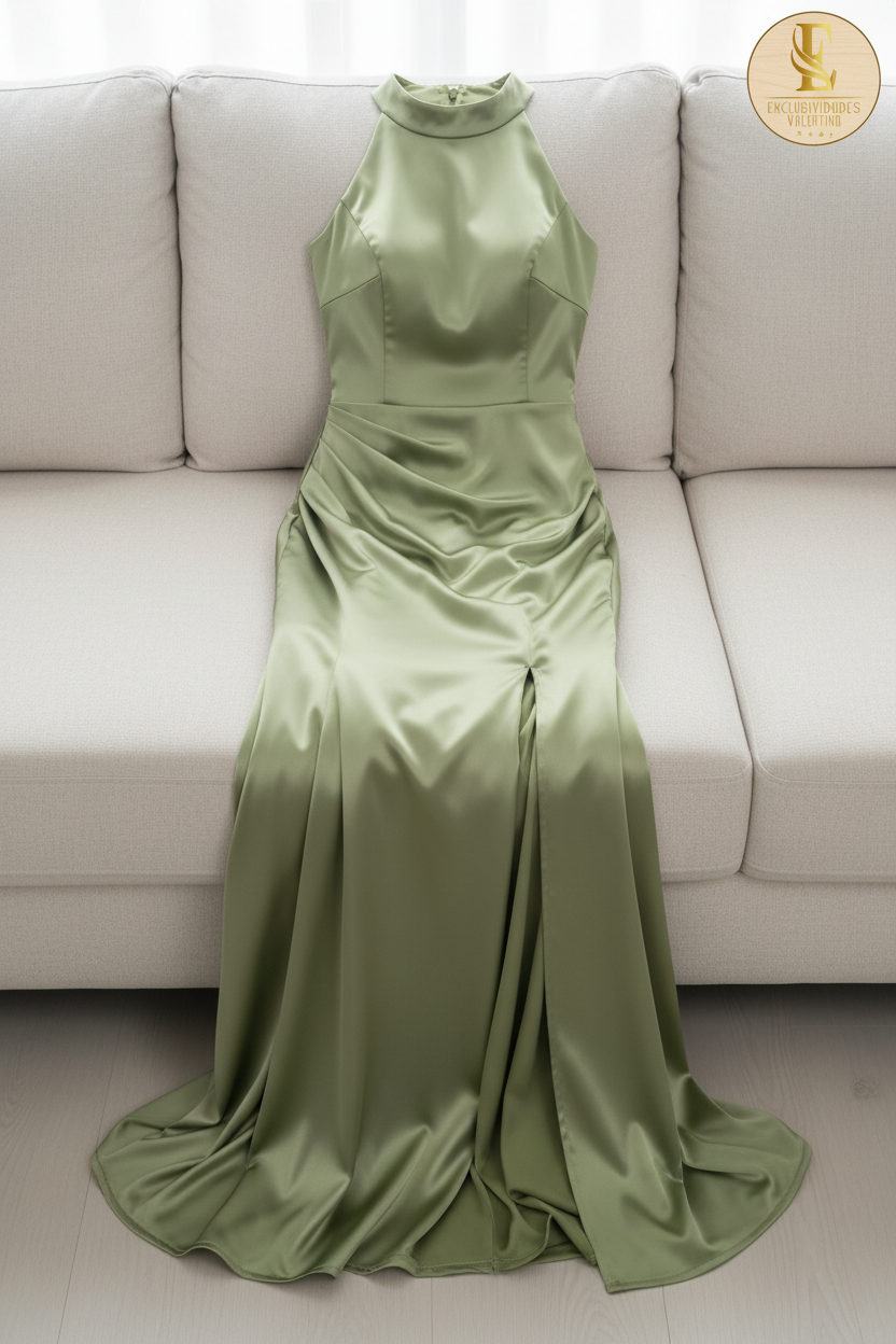 Vestido Verde Oliva Satinado Halter con Drapeado y Abertura cod.723