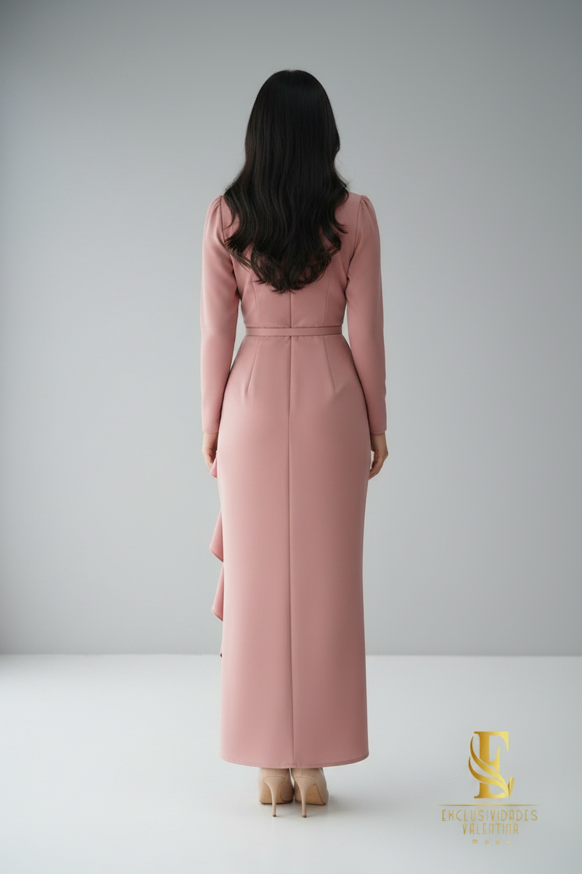 Vestido Midi Rosa Palo con Escote Cruzado y Volantes cod.V246